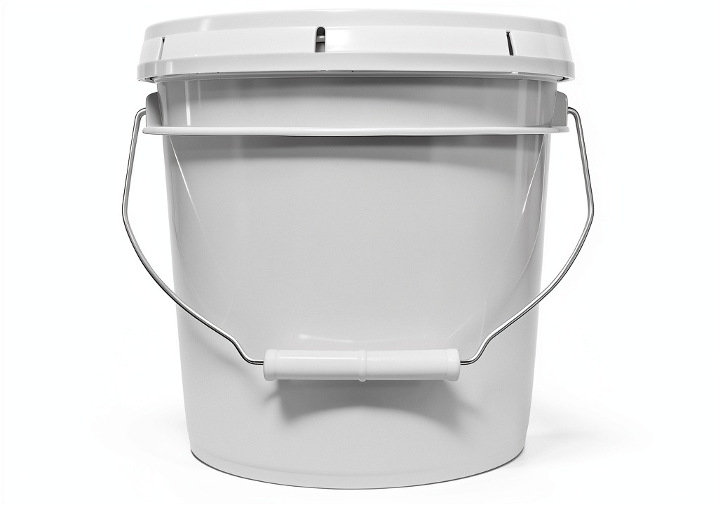 MKS Plastics 1-gallon white bucket with airtight lid in a storage setting