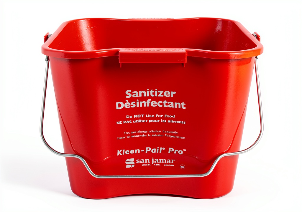 San Jamar red metal pail with graduated markings and bail handle