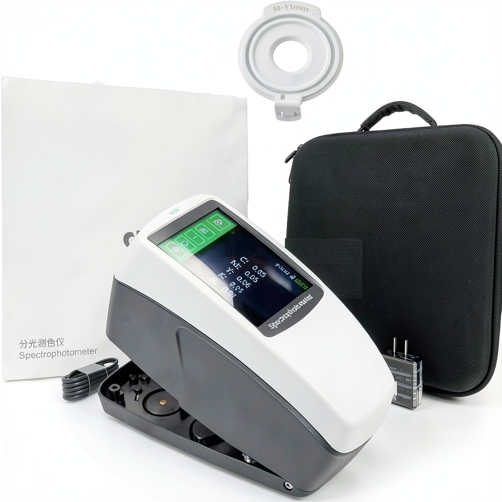 VTSYIQI spectrophotometer measuring a paint sample on a lab bench
